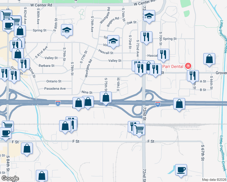 map of restaurants, bars, coffee shops, grocery stores, and more near 7435 Nina Street in Omaha