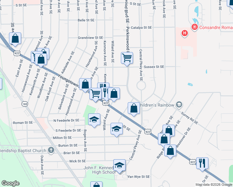 map of restaurants, bars, coffee shops, grocery stores, and more near 1294 Willard Avenue Southeast in Warren