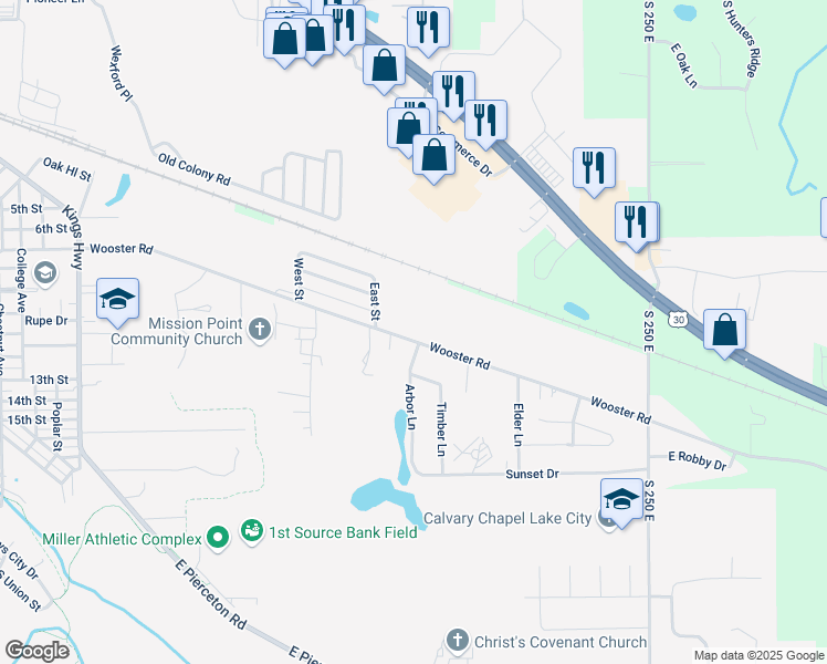 map of restaurants, bars, coffee shops, grocery stores, and more near 1308-1348 East Wooster Road in Winona Lake