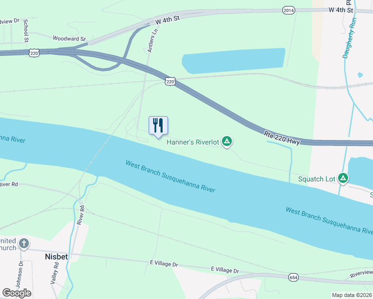 map of restaurants, bars, coffee shops, grocery stores, and more near 451-601 Antlers Lane in Williamsport