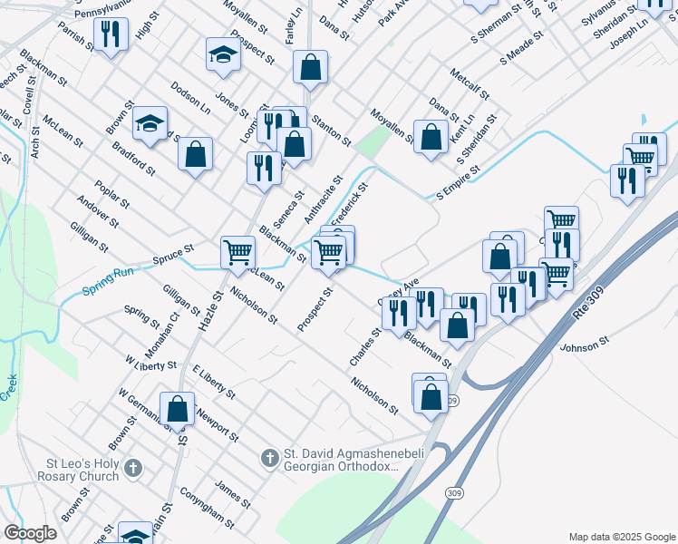 map of restaurants, bars, coffee shops, grocery stores, and more near 15 Prospect Street in Wilkes-Barre