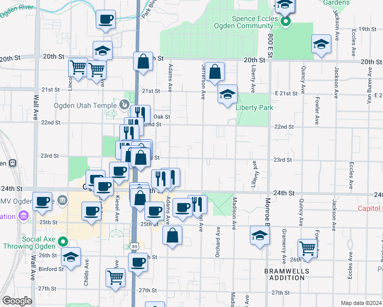 map of restaurants, bars, coffee shops, grocery stores, and more near 551 23rd Street in Ogden