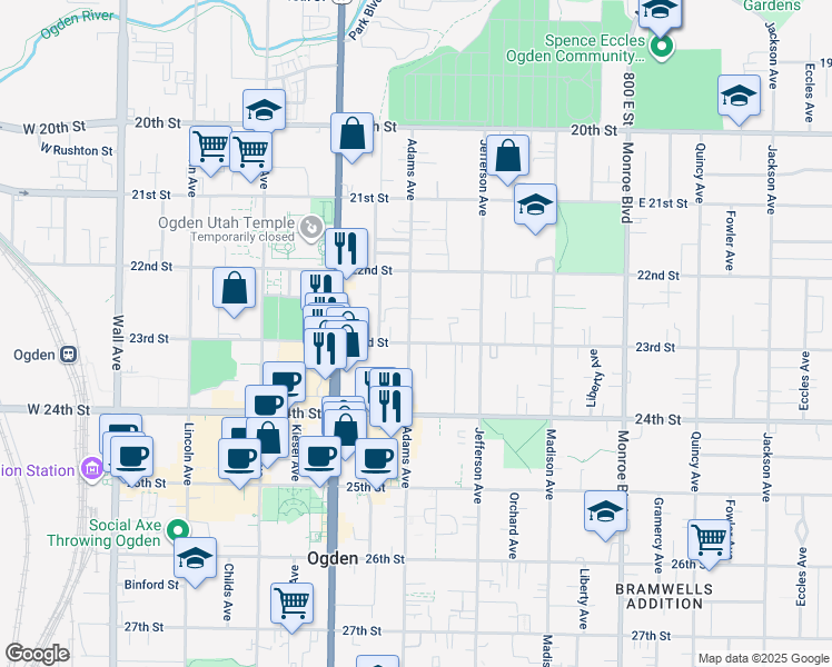 map of restaurants, bars, coffee shops, grocery stores, and more near 2306 Adams Avenue in Ogden