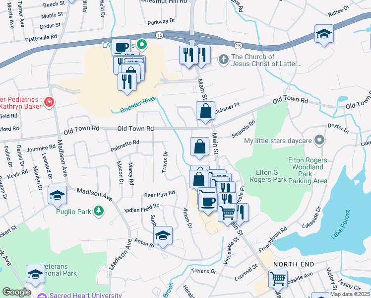 map of restaurants, bars, coffee shops, grocery stores, and more near 4699 Main Street in Bridgeport