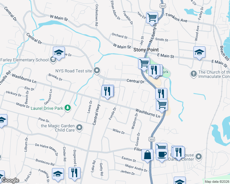 map of restaurants, bars, coffee shops, grocery stores, and more near 79 County Road 100 in Stony Point