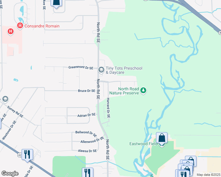 map of restaurants, bars, coffee shops, grocery stores, and more near 1060 Harvard Drive Southeast in Warren