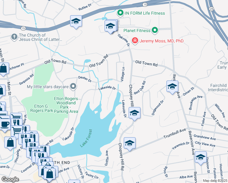 map of restaurants, bars, coffee shops, grocery stores, and more near 160 Pine Point Drive in Bridgeport