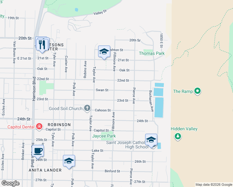 map of restaurants, bars, coffee shops, grocery stores, and more near 2258 Fillmore Avenue in Ogden