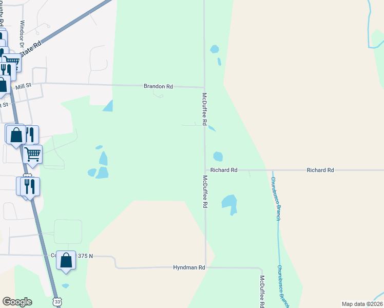 map of restaurants, bars, coffee shops, grocery stores, and more near 15500 McDuffee Road in Churubusco