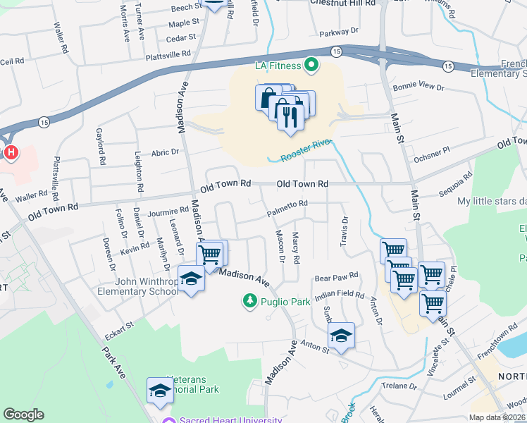 map of restaurants, bars, coffee shops, grocery stores, and more near 510 Palmetto Road in Bridgeport
