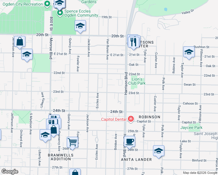 map of restaurants, bars, coffee shops, grocery stores, and more near 2268 Van Buren Avenue in Ogden
