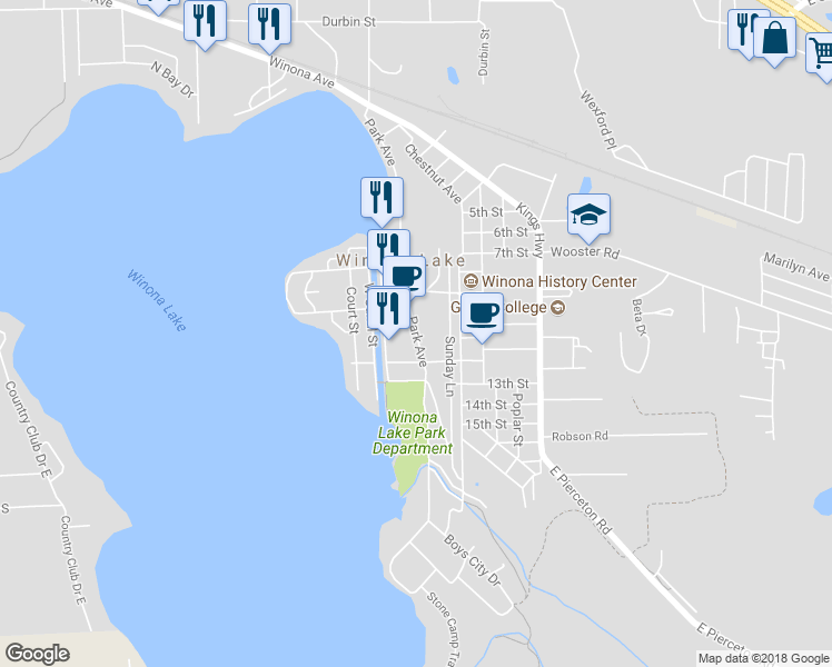 map of restaurants, bars, coffee shops, grocery stores, and more near Park Avenue in Winona Lake