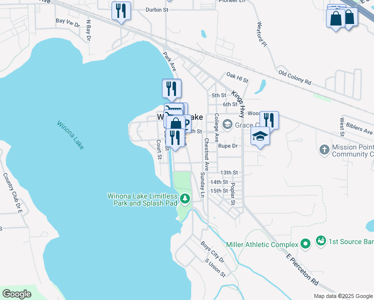 map of restaurants, bars, coffee shops, grocery stores, and more near Park Avenue in Winona Lake