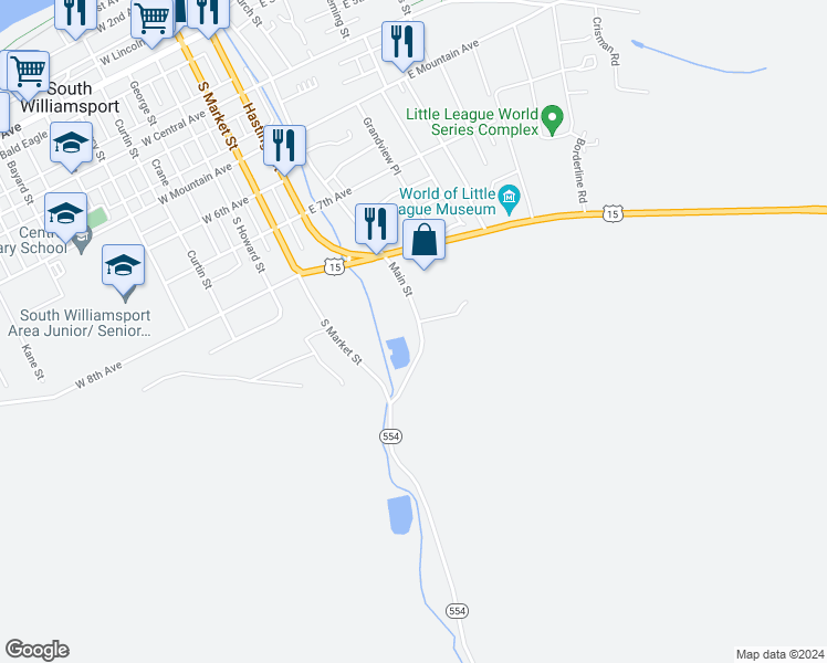 map of restaurants, bars, coffee shops, grocery stores, and more near 948 Main Street in South Williamsport