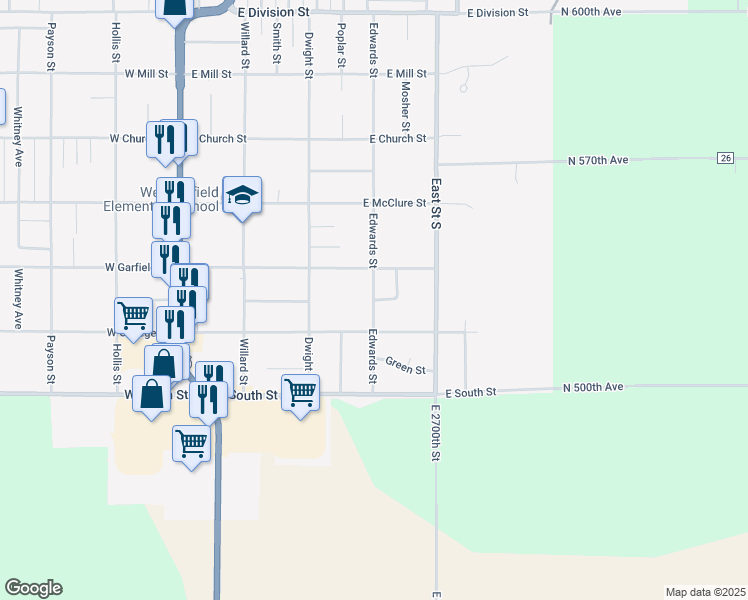 map of restaurants, bars, coffee shops, grocery stores, and more near 525 Edwards Street in Kewanee