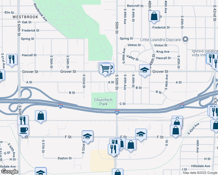 map of restaurants, bars, coffee shops, grocery stores, and more near 3610 South 50th Street in Omaha