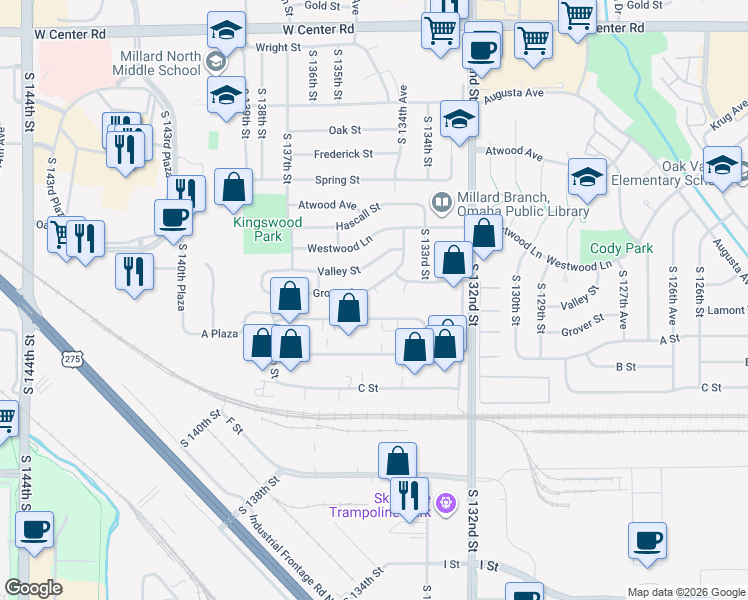 map of restaurants, bars, coffee shops, grocery stores, and more near 13335 A Street in Omaha