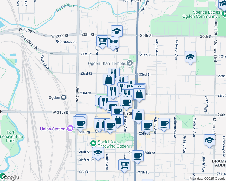map of restaurants, bars, coffee shops, grocery stores, and more near 2305 Grant Avenue in Ogden