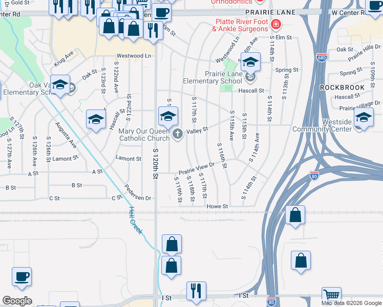map of restaurants, bars, coffee shops, grocery stores, and more near 3528 South 117th Street in Omaha