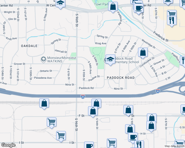 map of restaurants, bars, coffee shops, grocery stores, and more near 3626 South 94th Avenue in Omaha