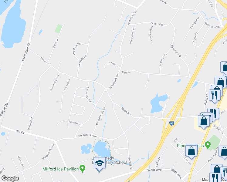 map of restaurants, bars, coffee shops, grocery stores, and more near 14 High Plains Terrace in Milford