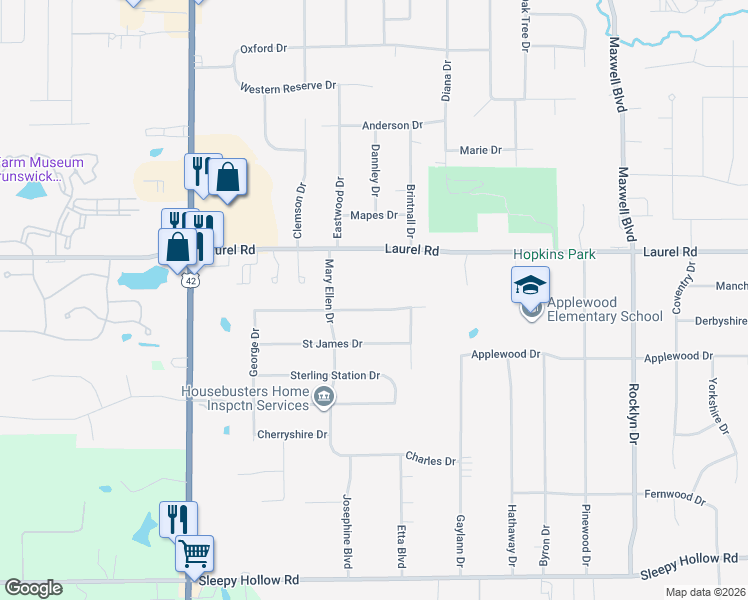 map of restaurants, bars, coffee shops, grocery stores, and more near 4118 Raymond Drive in Brunswick