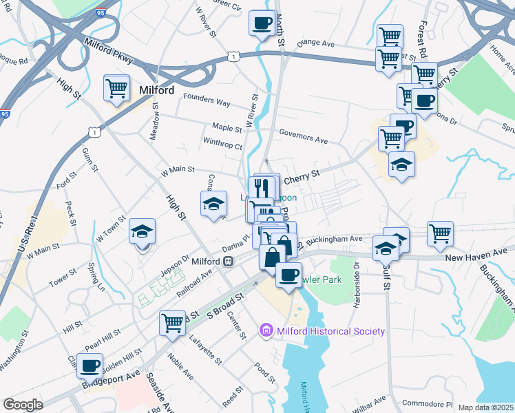 map of restaurants, bars, coffee shops, grocery stores, and more near 110 River Street in Milford