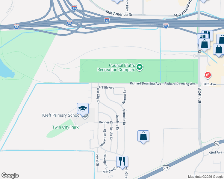 map of restaurants, bars, coffee shops, grocery stores, and more near 3603 Ramelle Drive in Council Bluffs