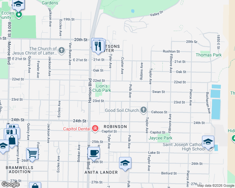 map of restaurants, bars, coffee shops, grocery stores, and more near 1335 Swan Street in Ogden