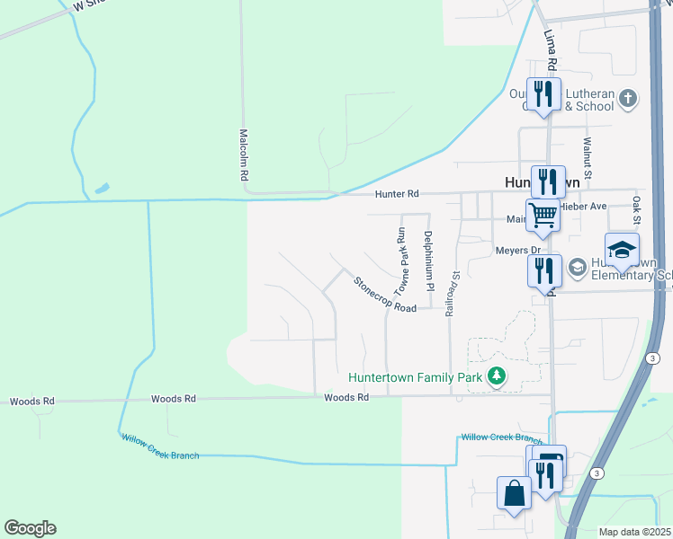 map of restaurants, bars, coffee shops, grocery stores, and more near Stonecrop Road in Huntertown