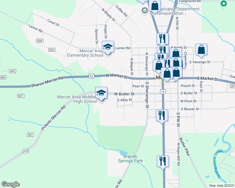 map of restaurants, bars, coffee shops, grocery stores, and more near 545 West Butler Street in Mercer