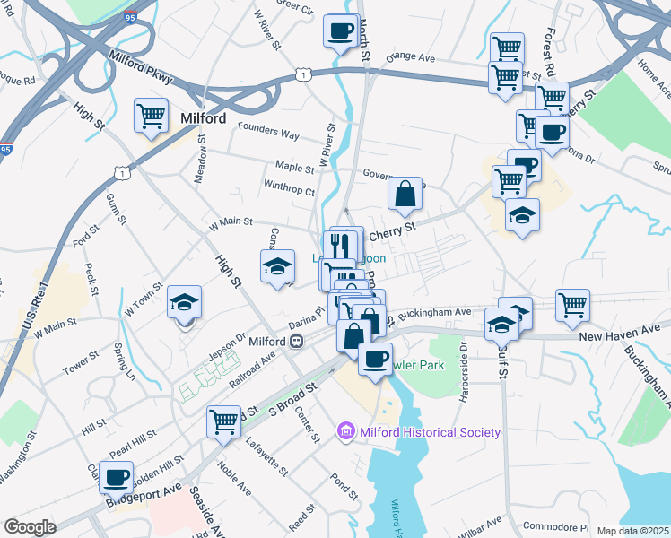 map of restaurants, bars, coffee shops, grocery stores, and more near 110 River Street in Milford