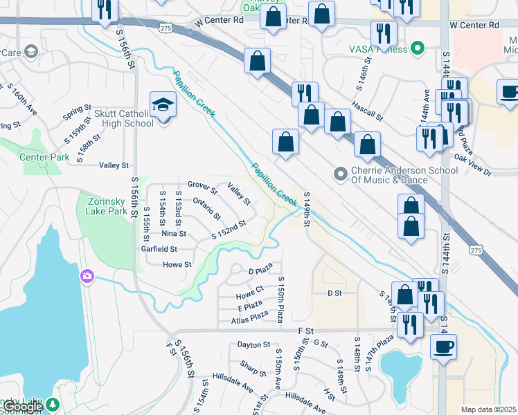 map of restaurants, bars, coffee shops, grocery stores, and more near 3313 South 152nd Circle in Omaha
