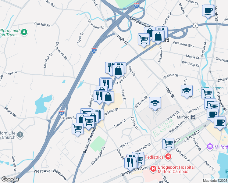 map of restaurants, bars, coffee shops, grocery stores, and more near 365 Boston Post Road in Milford