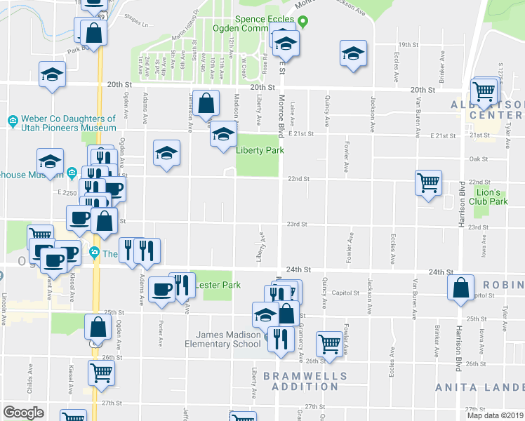map of restaurants, bars, coffee shops, grocery stores, and more near 2245 Monroe Boulevard in Ogden