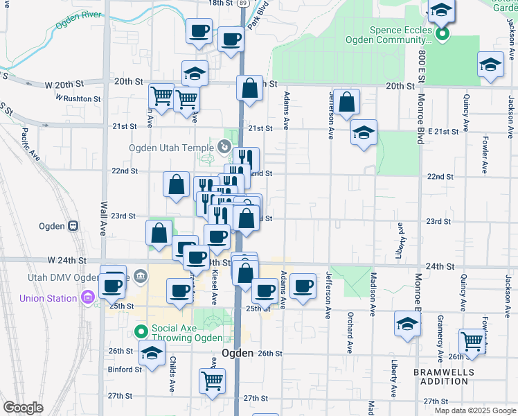 map of restaurants, bars, coffee shops, grocery stores, and more near 2239 Ogden Avenue in Ogden