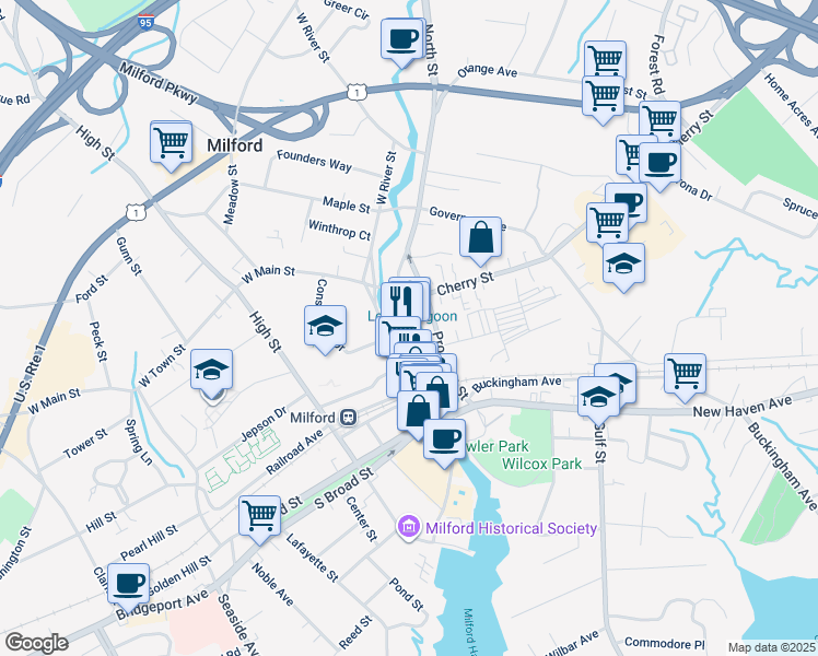 map of restaurants, bars, coffee shops, grocery stores, and more near 15 West Main Street in Milford