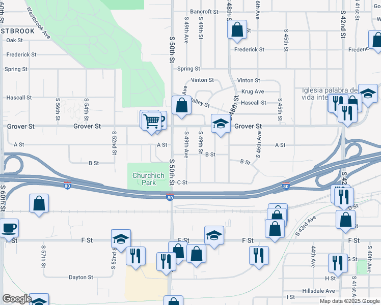 map of restaurants, bars, coffee shops, grocery stores, and more near 3524 South 49th Street in Omaha