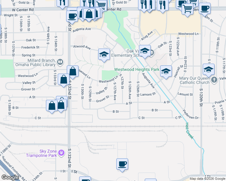 map of restaurants, bars, coffee shops, grocery stores, and more near 12765 Westwood Lane in Omaha