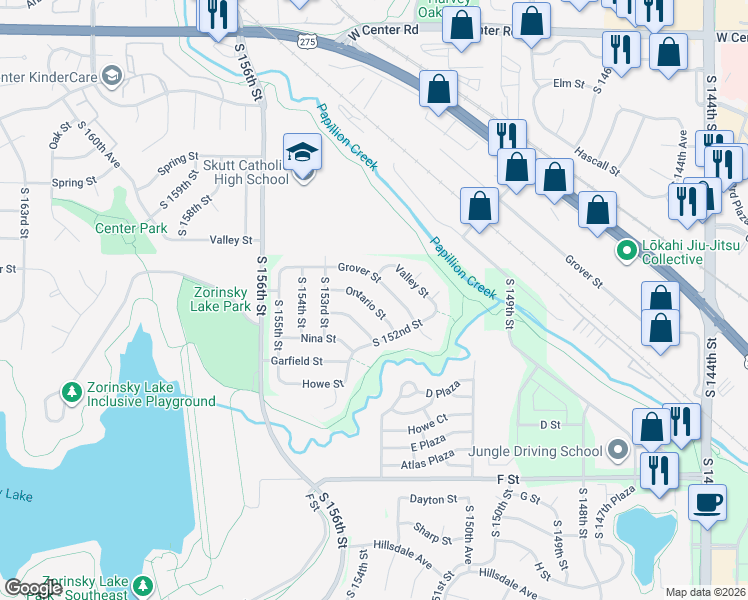 map of restaurants, bars, coffee shops, grocery stores, and more near 15247 Grover Street in Omaha