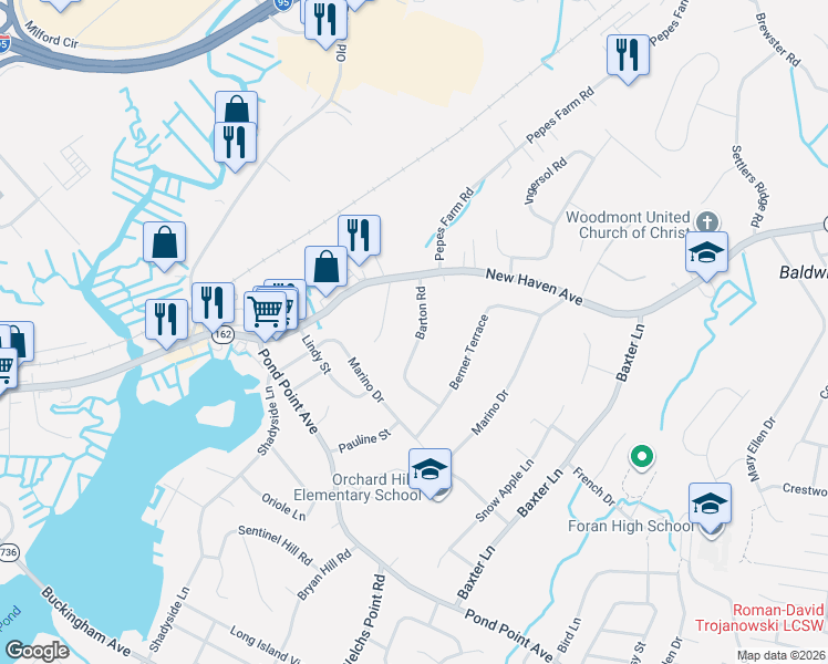 map of restaurants, bars, coffee shops, grocery stores, and more near 26 Barton Road in Milford