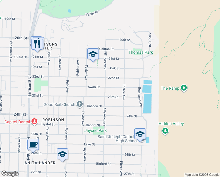 map of restaurants, bars, coffee shops, grocery stores, and more near 1619 Swan Street in Ogden