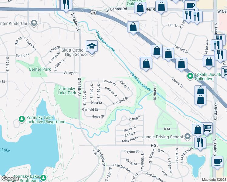 map of restaurants, bars, coffee shops, grocery stores, and more near 15247 Grover Street in Omaha