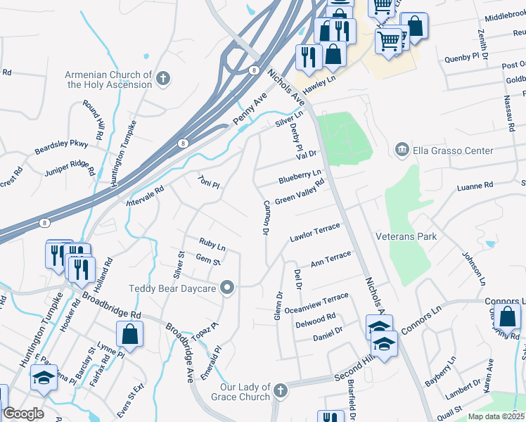 map of restaurants, bars, coffee shops, grocery stores, and more near 215 Blueberry Lane in Stratford