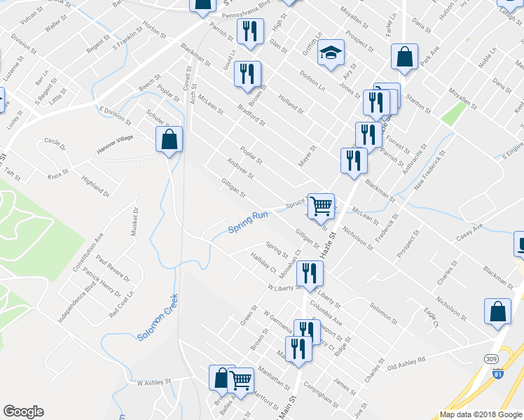 map of restaurants, bars, coffee shops, grocery stores, and more near 139 Gilligan Street in Wilkes-Barre