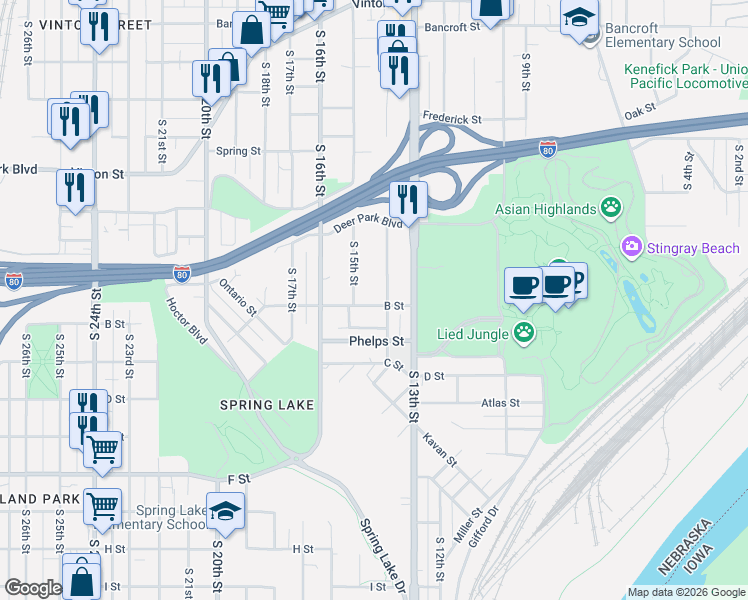 map of restaurants, bars, coffee shops, grocery stores, and more near 3457 South 15th Street in Omaha