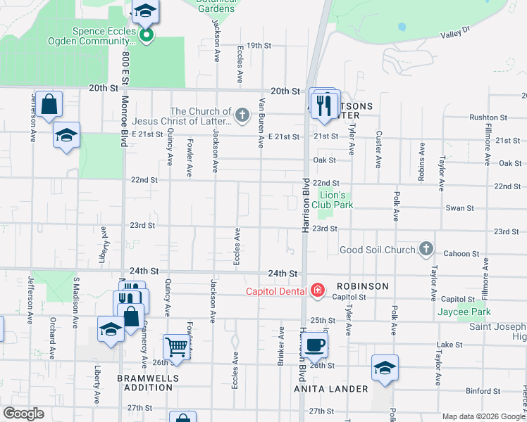 map of restaurants, bars, coffee shops, grocery stores, and more near 2223 Van Buren Avenue in Ogden