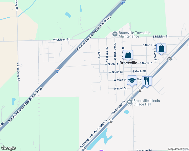 map of restaurants, bars, coffee shops, grocery stores, and more near 210 North 5th Street in Braceville