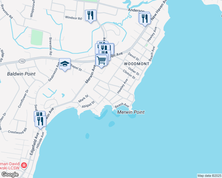 map of restaurants, bars, coffee shops, grocery stores, and more near 24 Chapel Street in Milford