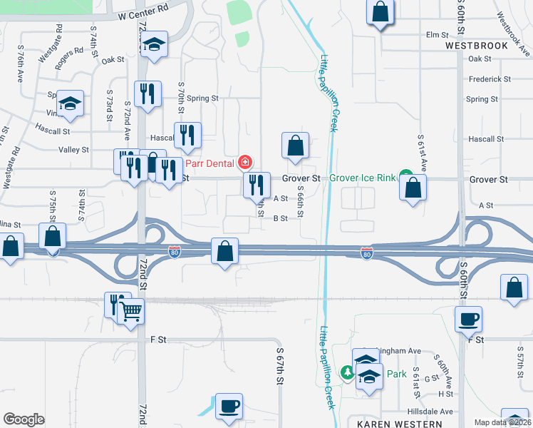 map of restaurants, bars, coffee shops, grocery stores, and more near 3601 South 67th Street in Omaha